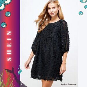 SHEIN (L) A-Line Woven Dress with Swiss floral Dots black Textured Fabric